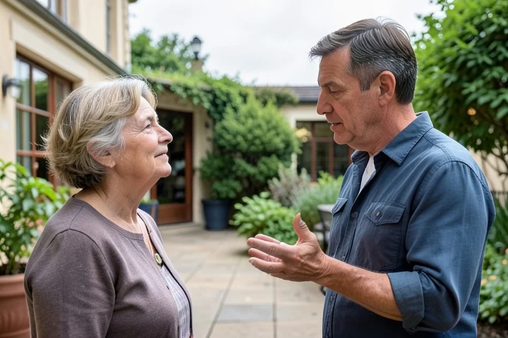 A woman in her early 50s listens while a man in his late 40s gestures thoughtfully on a quiet bookstore courtyard terrace