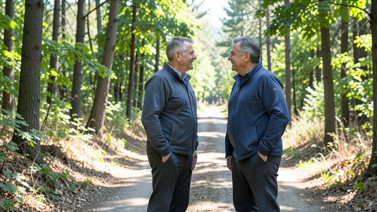 Two middle-aged adults pause together at a fork in a wooded walking trail