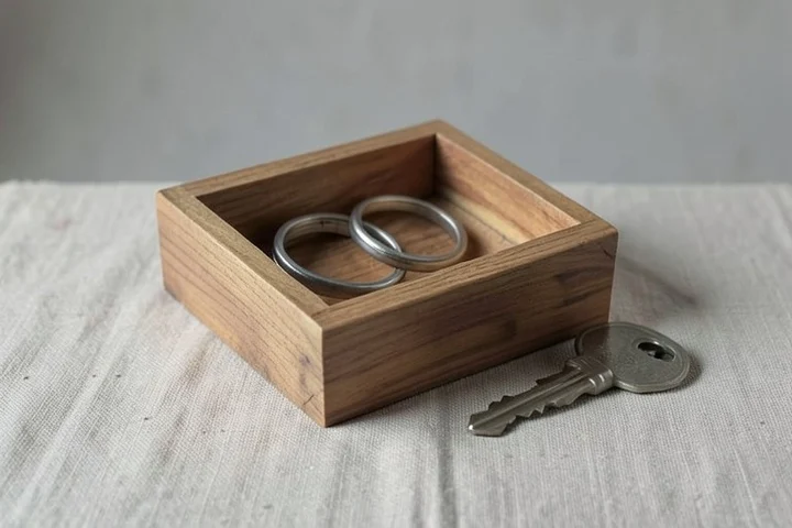 A pair of simple metal rings rests inside a shallow wooden box while two separate house keys lie outside it