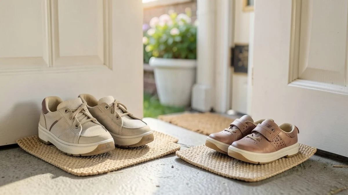 A pair of adult shoes rests beside small child-sized sneakers on separate mats near a quiet family home doorway