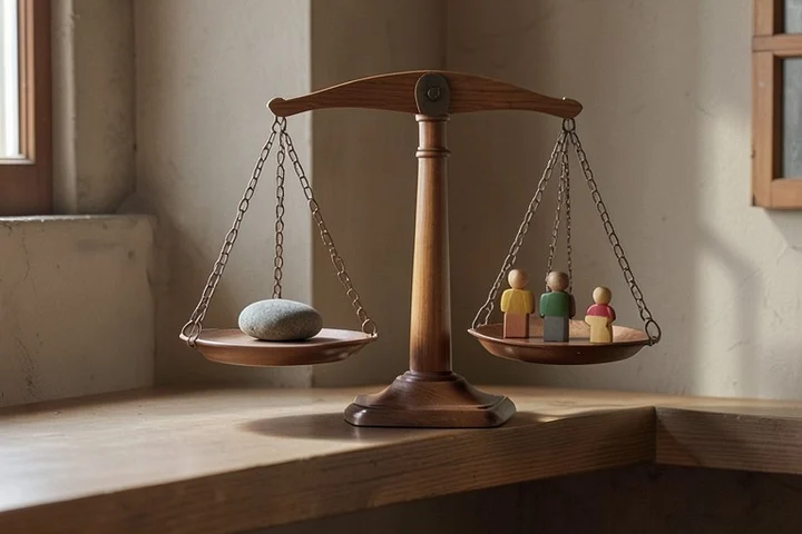 A wooden balance scale holds a smooth stone on one side and three small painted wooden figures on the other in a calm living-room alcove