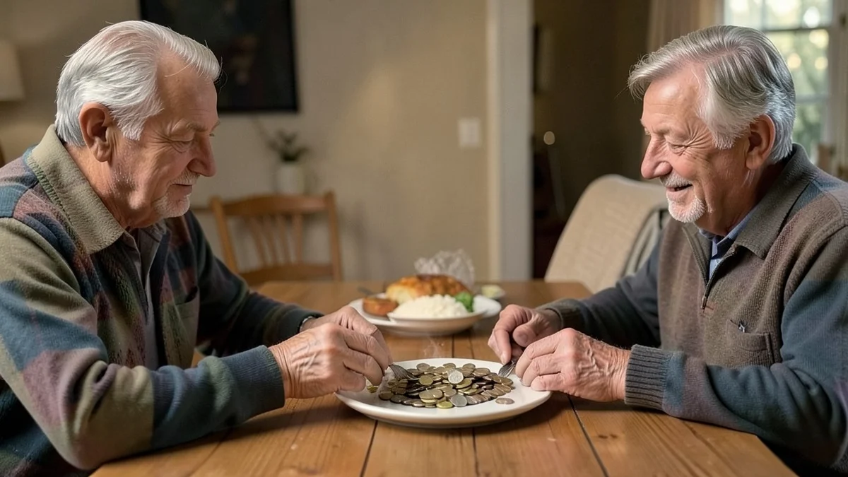 Two adults in their 40s and 50s calmly divide a shared dinner cost with two equal piles of coins on a wooden dining table