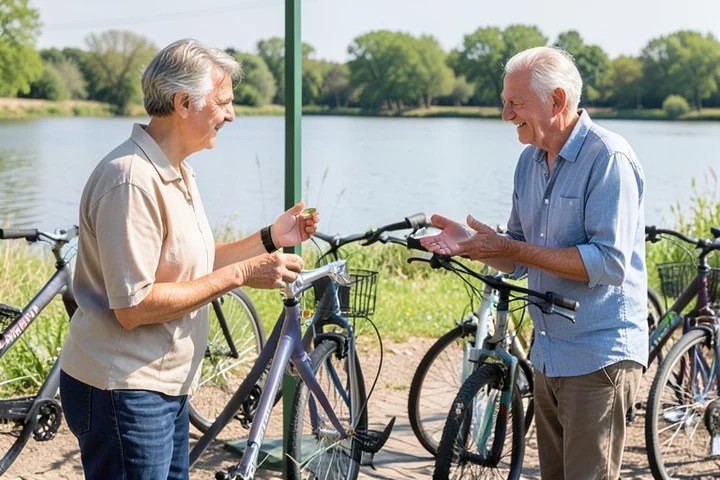 Two adults in their 40s settle the cost of rented bicycles at a riverside cycle stand